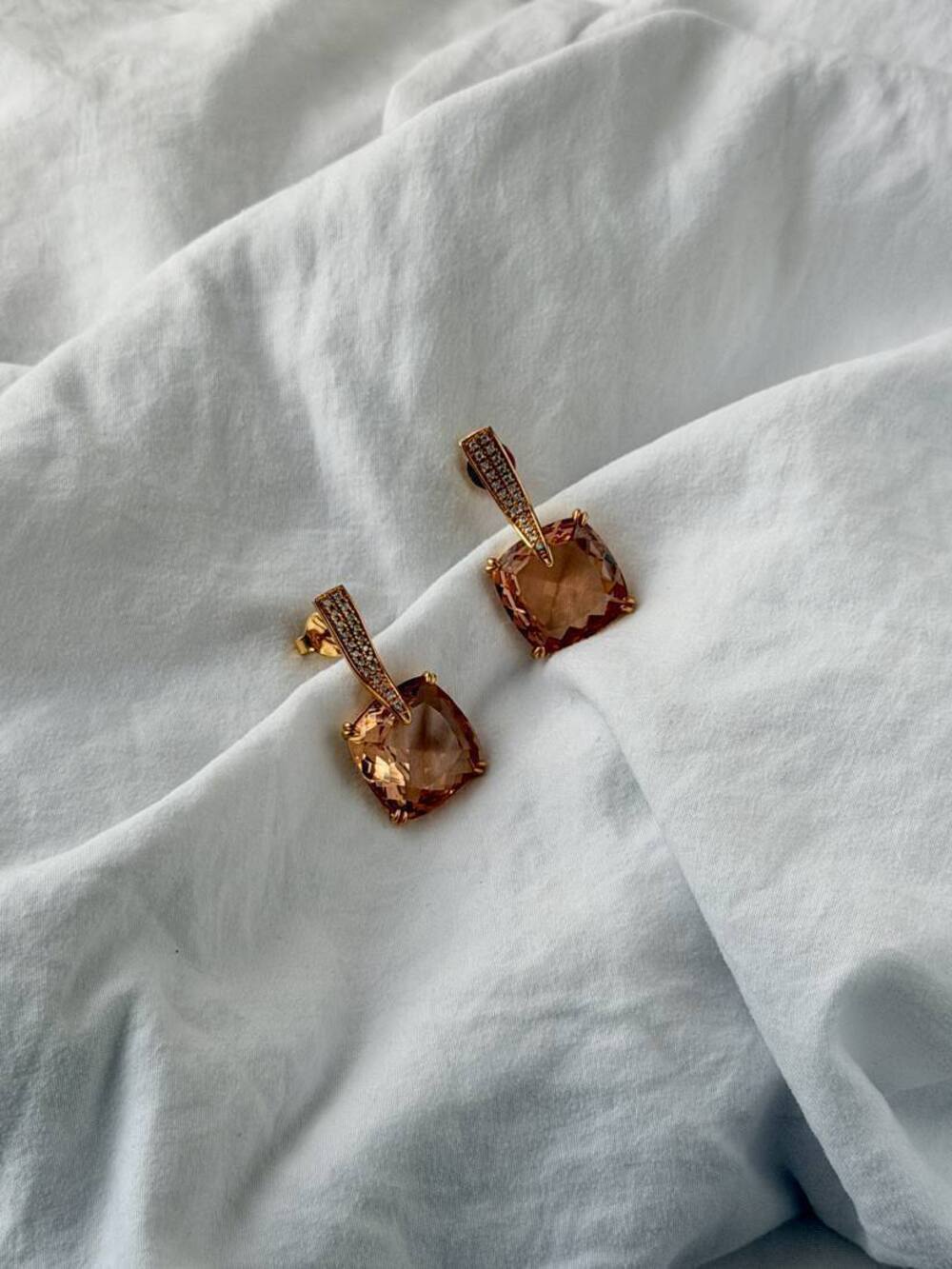 Fancy Square Earrings - 18k Gold Plated - Reconstituted Morganite